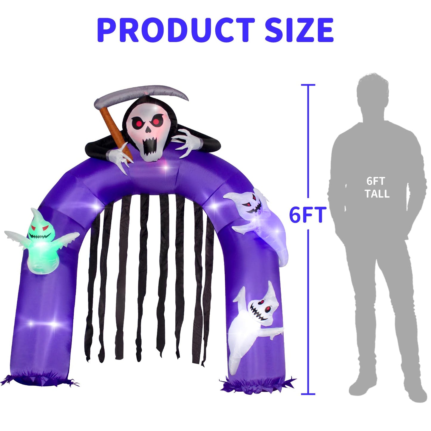6FT Halloween Inflatables Giant Grim Reaper Arch with Three White Ghost, Built-in LEDs for Halloween Blow-Up Indoor-Outdoor Decoration