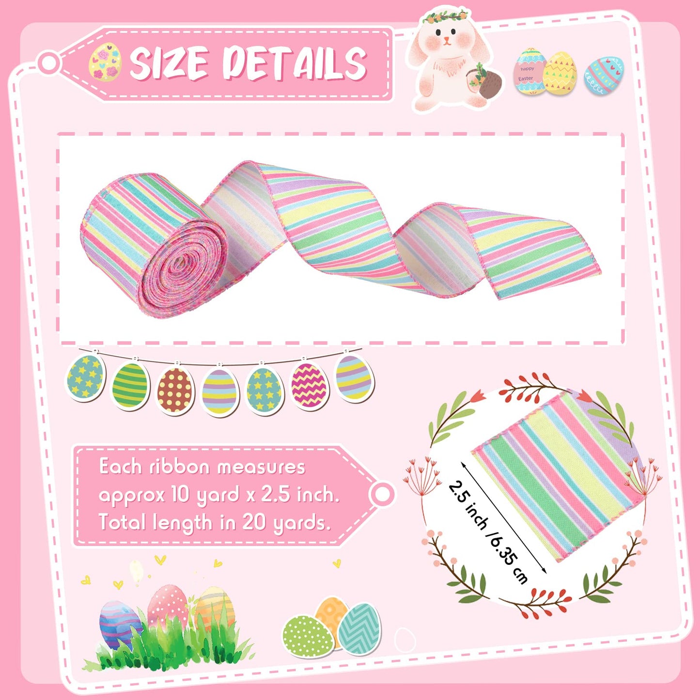 2 Rolls 20 Yards Easter Spring Wired Ribbon Pastel Wired Stripe Ribbon Edge Horizontal Stripe Canvas Spring Decorative Craft for Wrapping Christmas Party Crafting