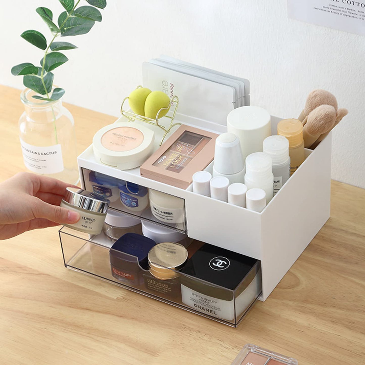 Makeup Organizer with 2 Drawers, Desk Organizer, 4 Compartments, Cosmetics Storage Box for nail polish,Lipstick, Brushes, Jewelry, Skincare, Bathroom Organization Boxes - White