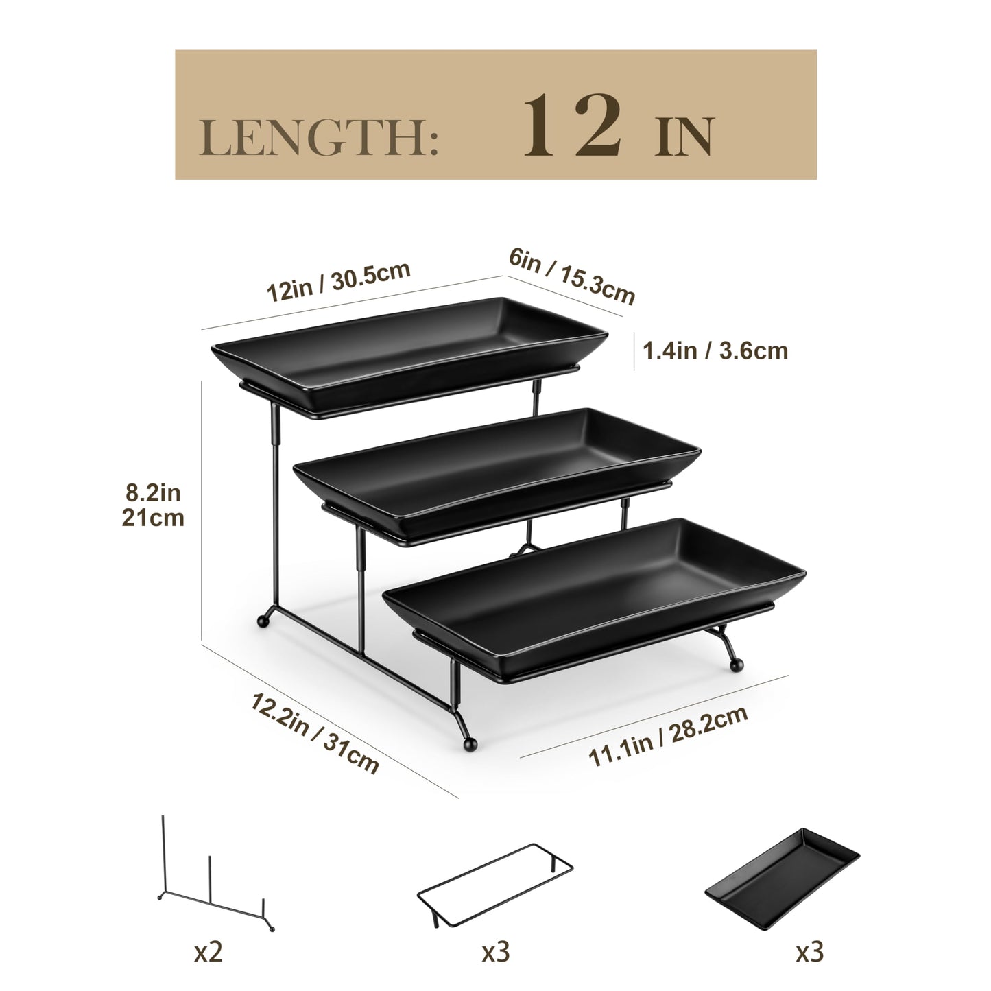 3 Tier Serving Tray, Porcelain Tiered Serving Trays Platters, 12 Inch Serving Stand with Platters,Black Dessert Stand with Collapsible Sturdier Metal Rack,Series PLAT