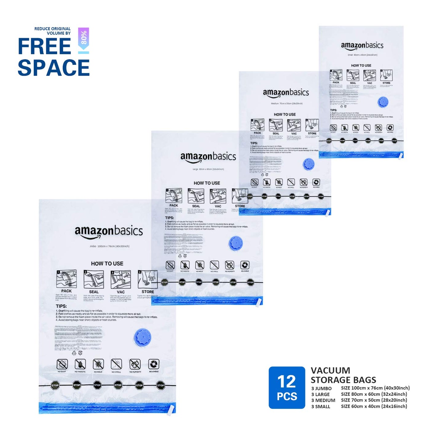 Amazon Basics Vacuum Compression Storage Bags with Hand Pump, Multiple Pack of 12 (3 Jumbo, 3 Large, 3 Medium, 3 Small)