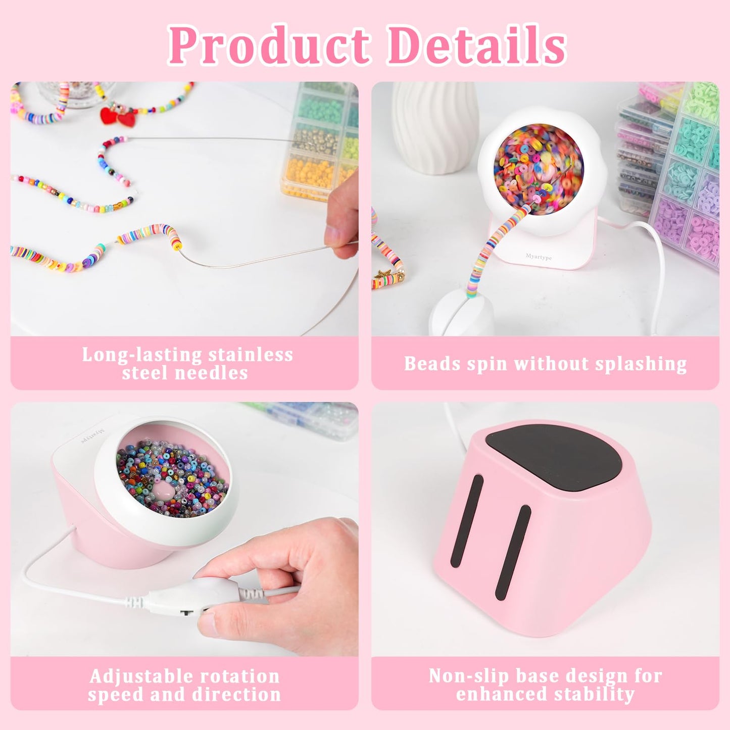 Clay Bead Spinner and Seed Bead Spinner, 2-in-1 Electric Bead Spinner for Jewelry Making, Bracelet Spinner and Necklace Making Machine with Bead Needles and Thread (Pink)