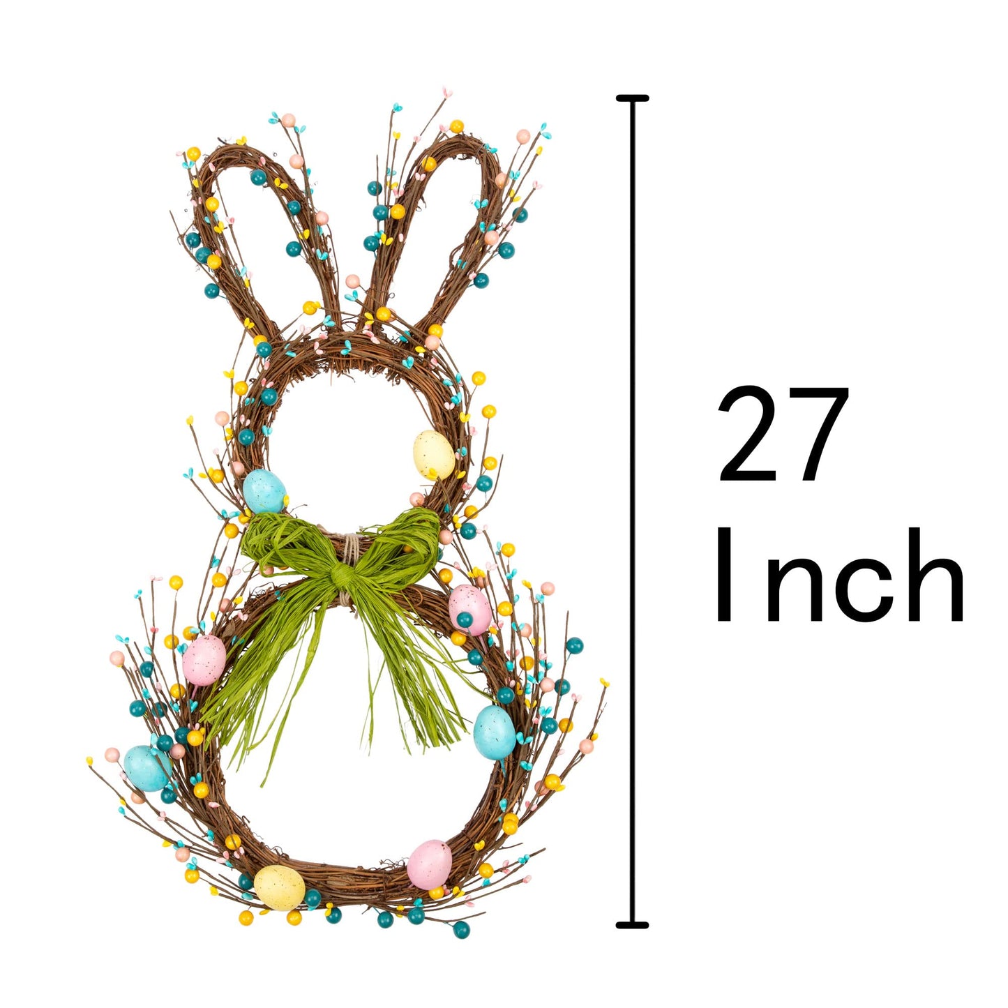 27 Inch Artificial Easter Wreath for Front Door Rabbit Wreath with Pastel Eggs and Mixed Twigs Spring Bunny with Raffia Bow for Easter Decorations