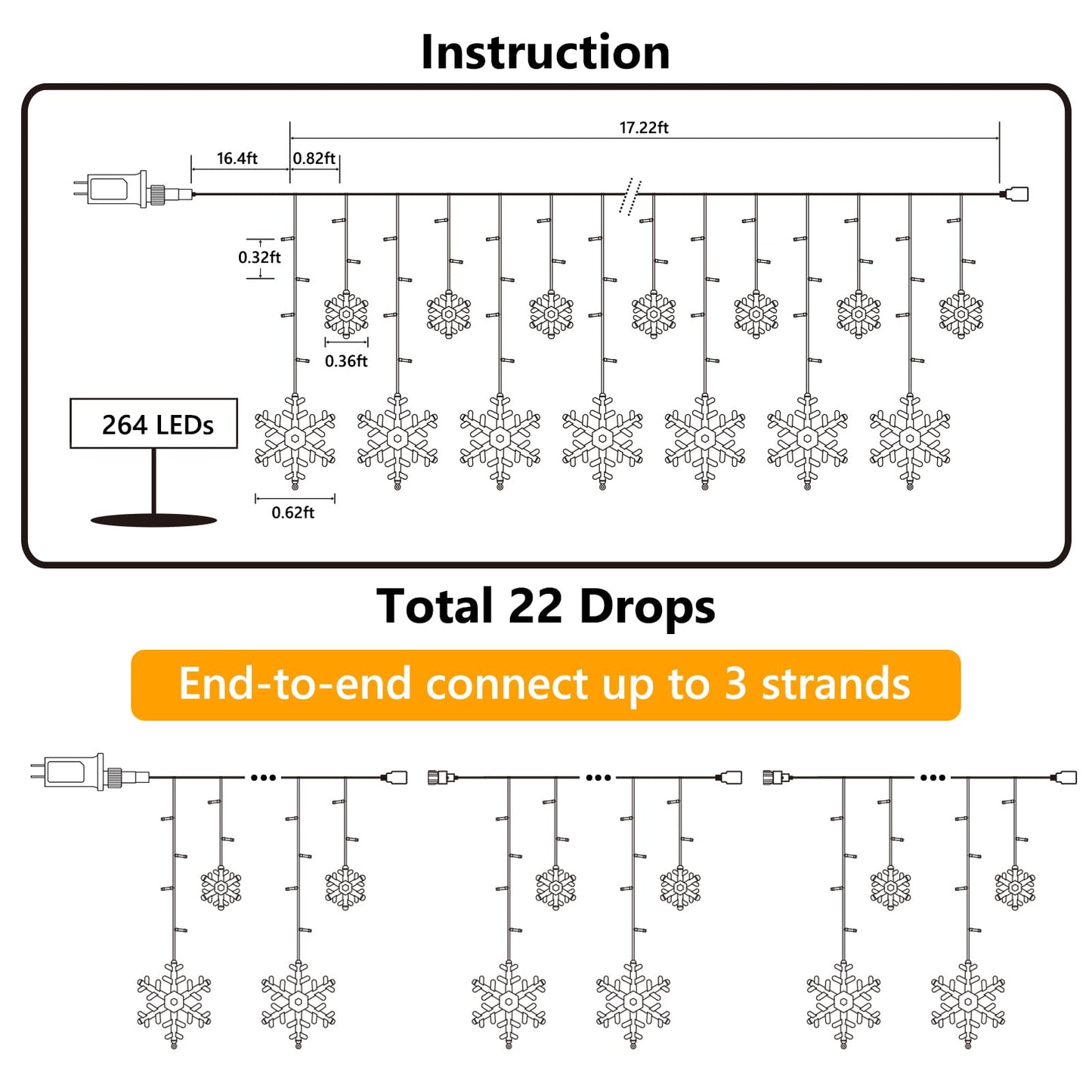 Christmas Snowflake Lights Outdoor, 17.22ft 264 LED Snowflake Icicle Lights with 22 Drops, Connectable, 8 Modes Waterproof Christmas Light for Eaves, Window, Xmas Decor - White & Blue