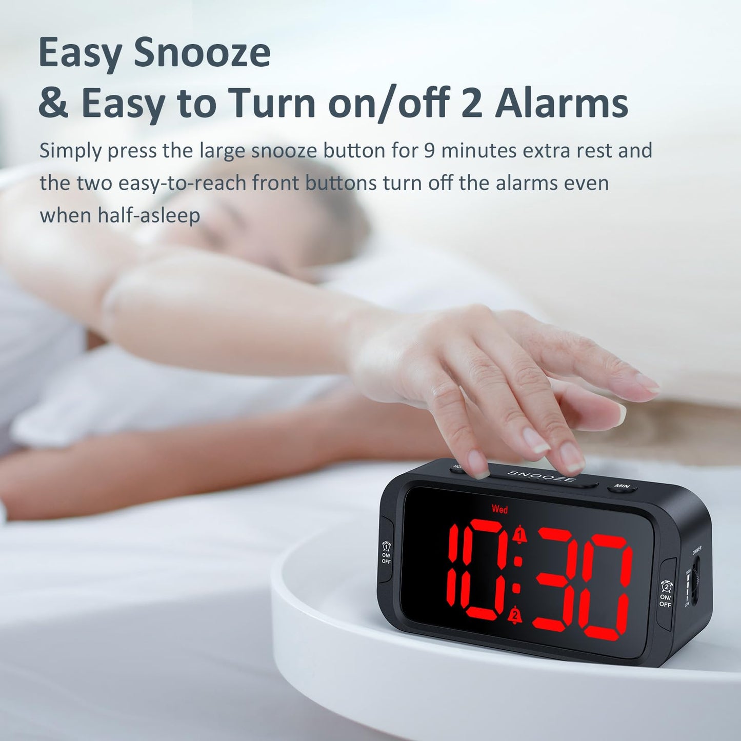Odokee Digital Dual Alarm Clock for Bedroom, Easy to Set, 0-100% Dimmer, USB Charger, 5 Sounds Adjustable Volume, Weekday/Weekend Mode, Snooze, 12/24Hr, Battery Backup, Compact Clock for Bedside(Red)