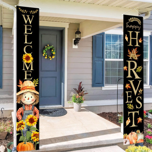 Fall Decorations Porch Sign Banner Fall Harvest Hanging Porch Banner Thanksgiving Decorations Scarecrow Pumpkin Front Porch Decorations Outdoor for Autumn Home Office