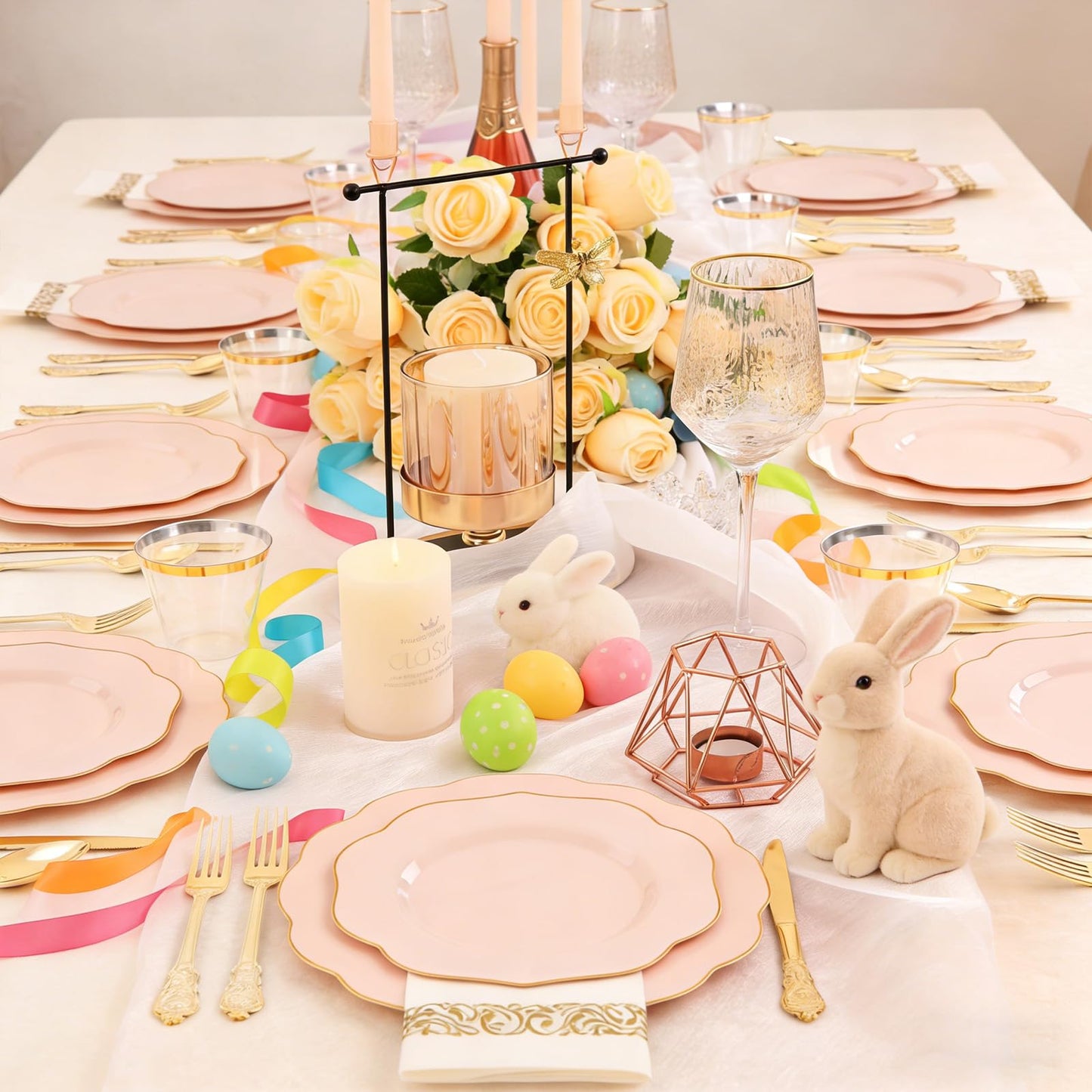 NOCCUR 175PCS Pink Plates with Gold Disposable Silverware - Include 50 Pink Plastic Plates,25 Knives,25 Forks,25 Spoons,25 Cups and 25 Napkins - Ideal for Party/Wedding/Easter Day