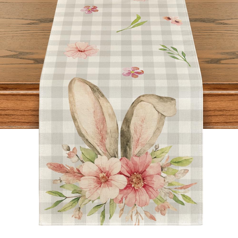Buffalo Plaid Bunny Rabbit Ears Flower Easter Table Runner, Spring Summer Seasonal Holiday Kitchen Dining Table Decoration for Indoor Outdoor Home Party Decor 13 x 72 Inch
