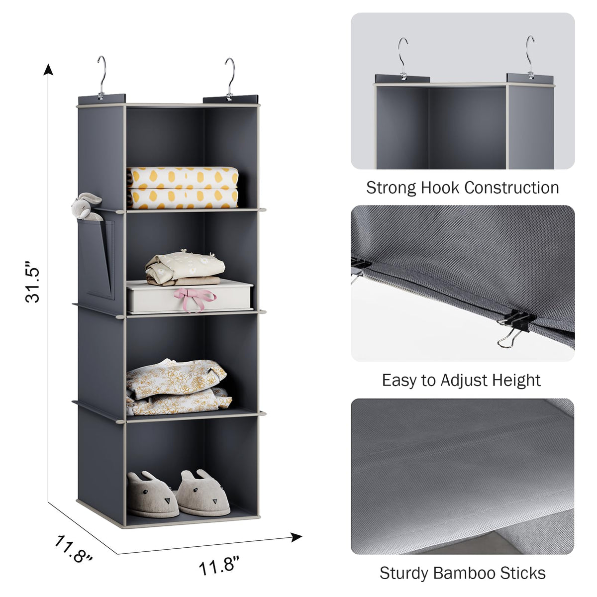 YOUDENOVA Hanging Closet Organizer, 4-Shelf Closet Hanging Storage Shelves, Grey