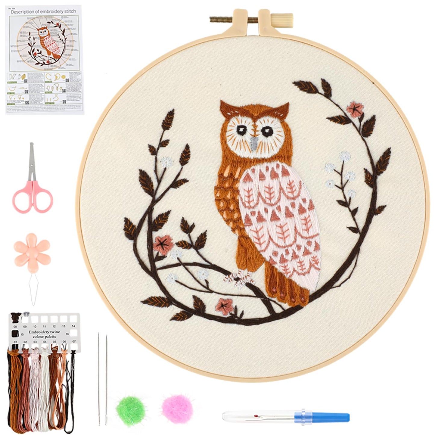 Beginner Embroidery Kit for Adults, Owl Cross Stitch Kits with 7.9" Hoop, Threads, Needles, Learn Stitches with Pre-Printed Patterns, Video Tutorial, DIY Needlework Craft Gift for Women
