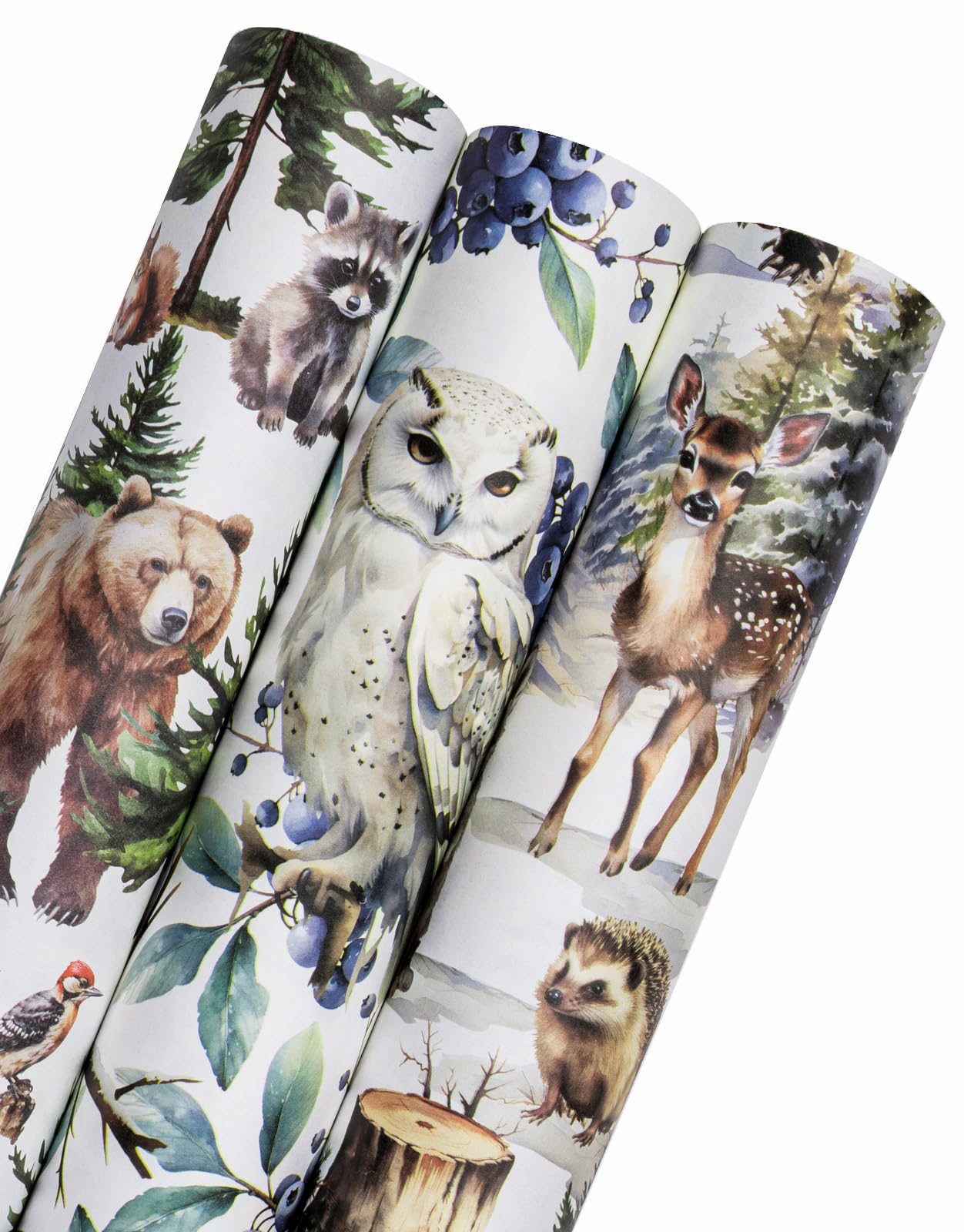 Kraft Christmas Wrapping Paper Roll - Mini Roll - 3 Rolls - 17 Inch x 120 Inch Per Roll - White Wild Animals Winterfall Watercolor Holiday Collection