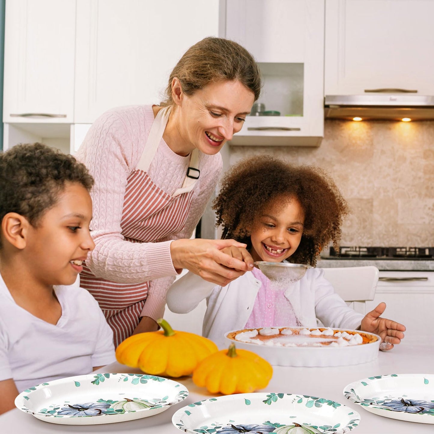 50Pcs Fall Oval Paper Plates Thanksgiving Plates Large 10" X 12" Disposable 400GSM Blue and White Pumpkin Plate for Little Pumpkin Baby Shower Fall Harvest Party Thanksgiving Party Decorations