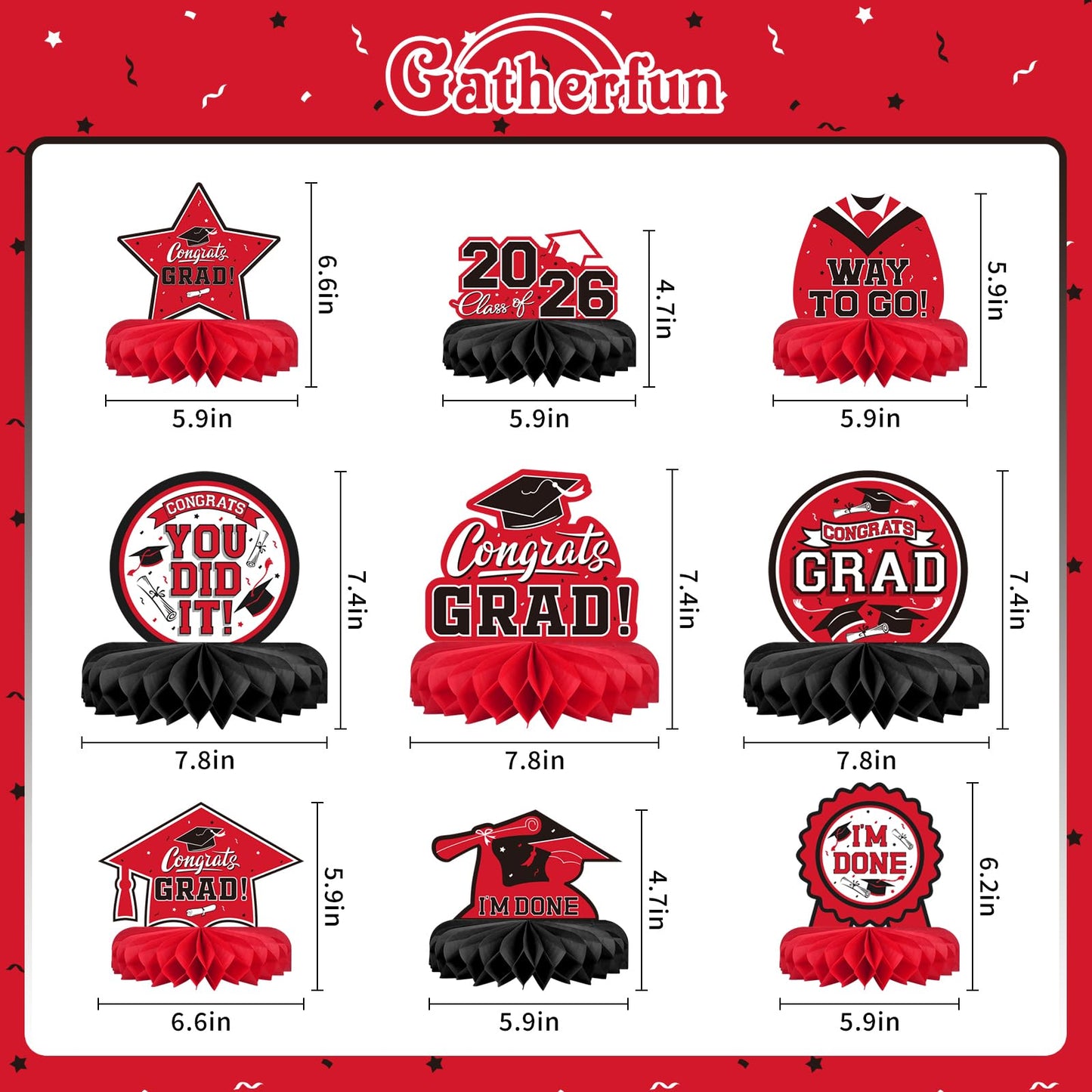 9PCS Graduation Decorations 2026 Congrats Grad Table Centerpiece Congratulate Graduation Honeycomb Table Toppers for Graduation Party Supplies(Red,Black）