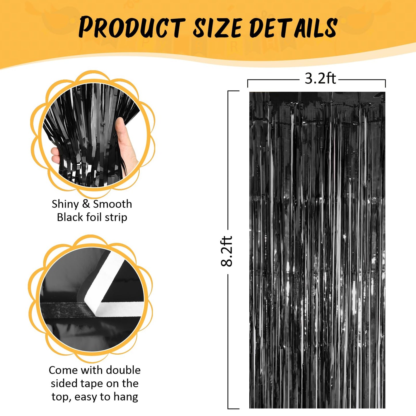 Accevo 3Pack Black Foil Fringe Curtains Party Streamers 3.2ft x 8.2ft Door Streamer Tinsel Streamers Black Party Decorations Photo Booth for Halloween New Year Holiday Celebration Party Decoration