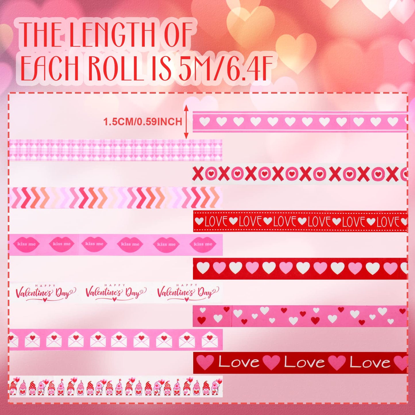 12 Rolls Valentine's Day Washi Tape Set Decorative 0.59 x 196 Inch Pink Love Heart Washi Tape Gnome Heart Masking Paper Supplies for DIY Crafts Scrapbook Giftwrap Wedding Party Decor