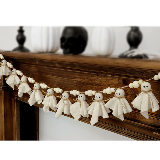 Bunny Chorus 7Ft Cute Halloween Ghost with Wooden Beads Garlands, Handmade Rustic Halloween Banner for Wall Home Indoor Outdoor Spring Decor Supplies, White