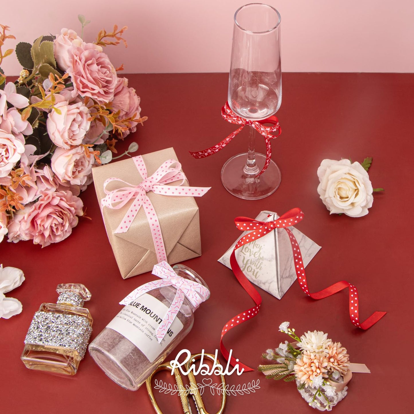 Ribbli Valentine’s Day Ribbon,4 Rolls Grosgrain Ribbon Use for Valentines Day Craft,Gift Wrapping,Home Decor,3/8 Inches Total 40 Yards,Red/White/Pink/Hot Pink