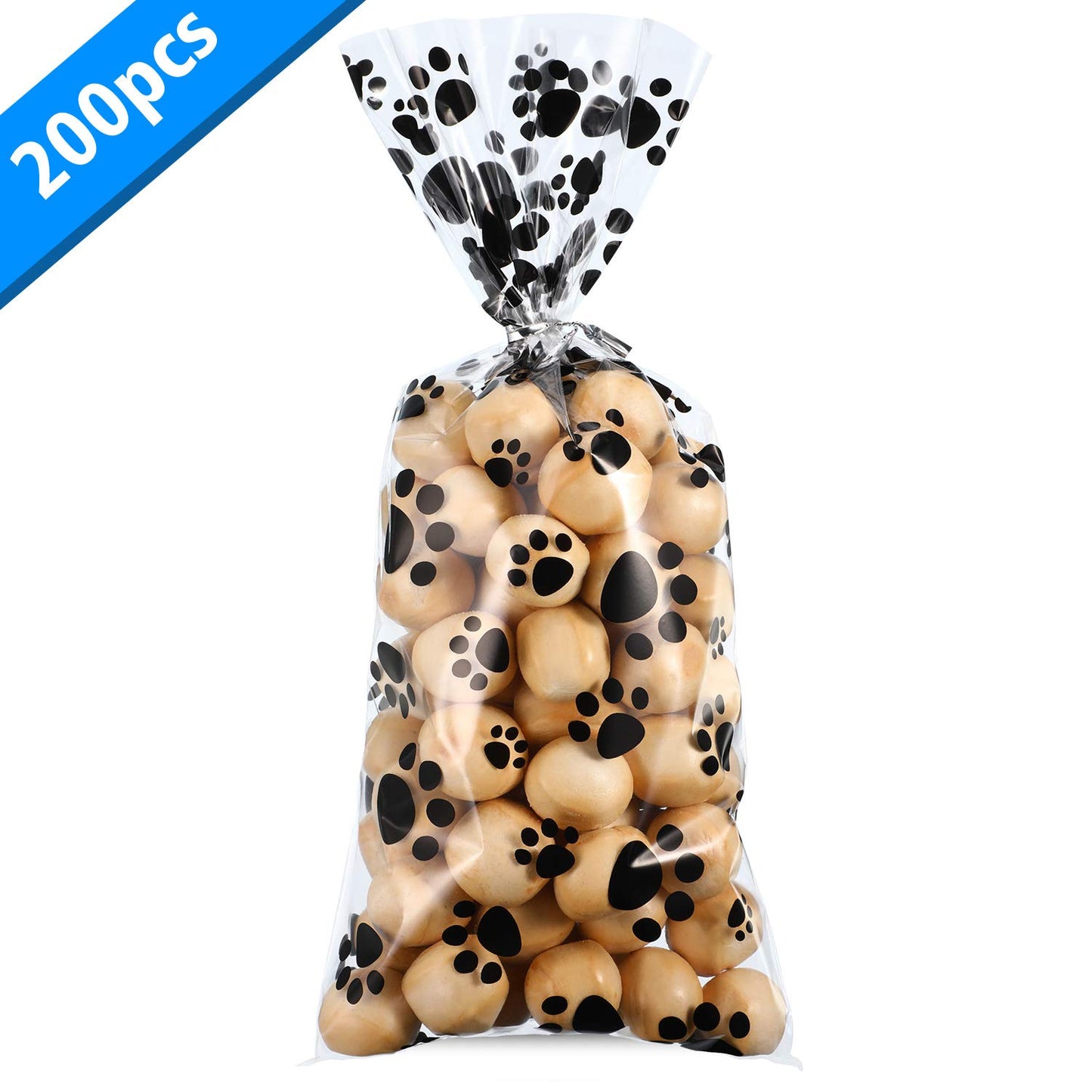 Blulu 200 Pcs Pet Paw Print Cellophane Bags Dog Party Favor Bags Heat Sealable Treat Bags Dog Paw Gift Bags Cat Candy Bags with 200 Pieces Silver Twist Ties for Pet Treat Party Favor (Black)