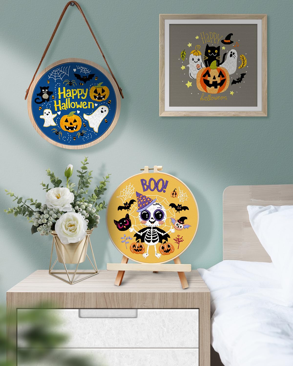 TINDTOP Halloween Embroidery Kit for Adult, 3 Pack Embroidery DIY Starter Kit, with Stamped Patterns, Hoop, Tools, Colorful Threads with Needles, Instructions