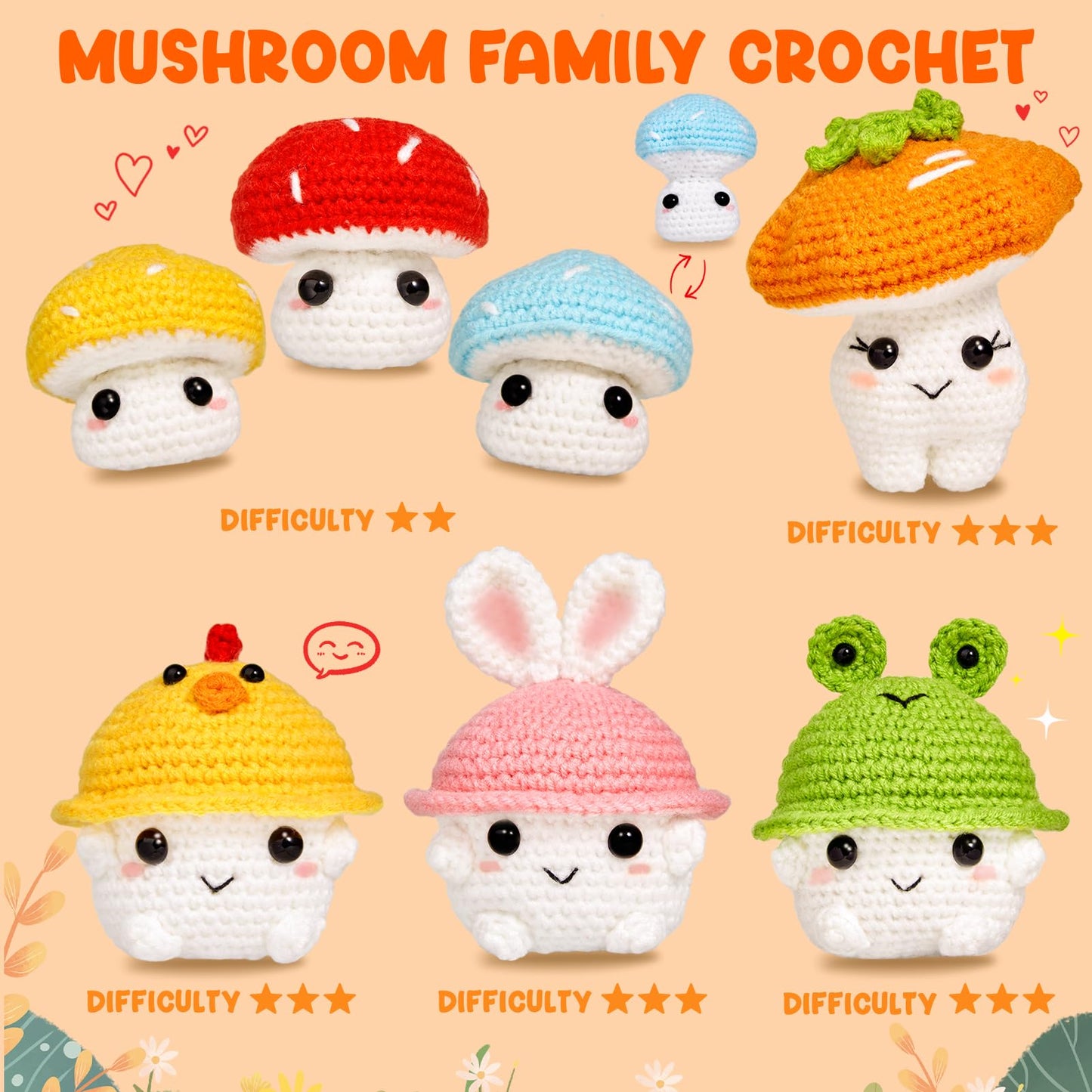 Crochet Kit for Beginners, Crochet Starter Kits for Adults Amigurumi Craft Knitting Crocheting Kits with Step-by-Step Video Tutorials, Mushroom Family(40%+ Yarn