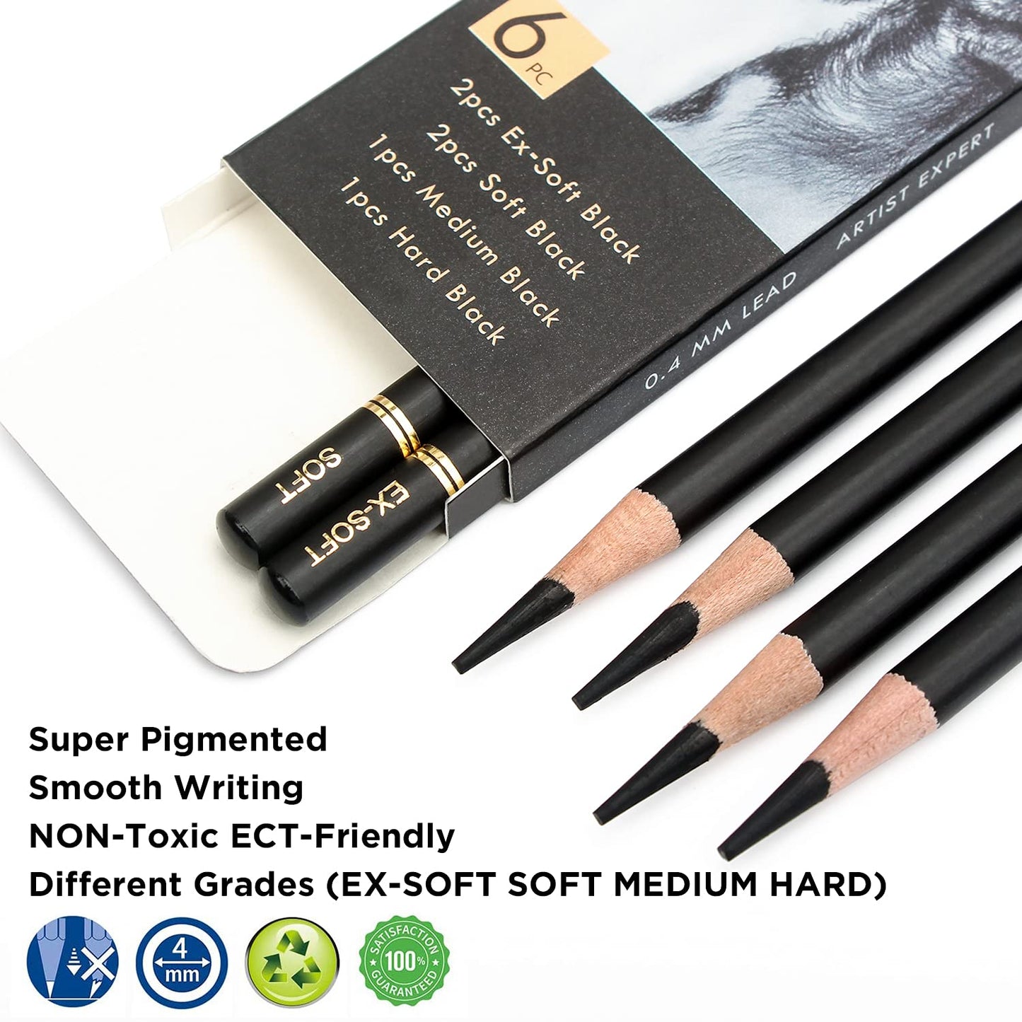 Brusarth Professional Charcoal Pencils Drawing Set - 6 Pieces Soft Medium and Hard Charcoal Pencils for Drawing, Sketching, Shading
