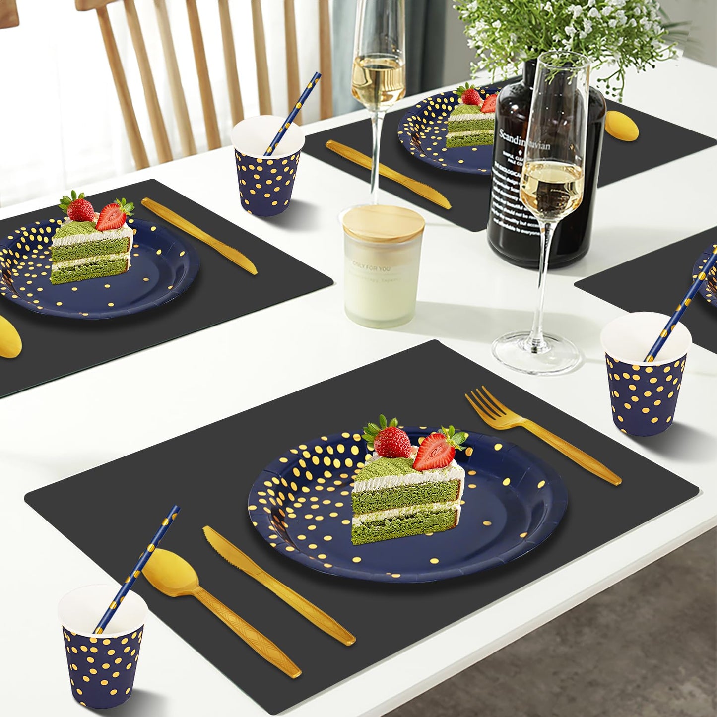 Nkaiso Paper Plates and Napkins Set, 193 Pieces Navy Blue Gold Party Supplies Includes Paper Plates Cups Napkins Straws and Cutlery for Birthday Wedding Holidays Parties Decorations-24 Guests
