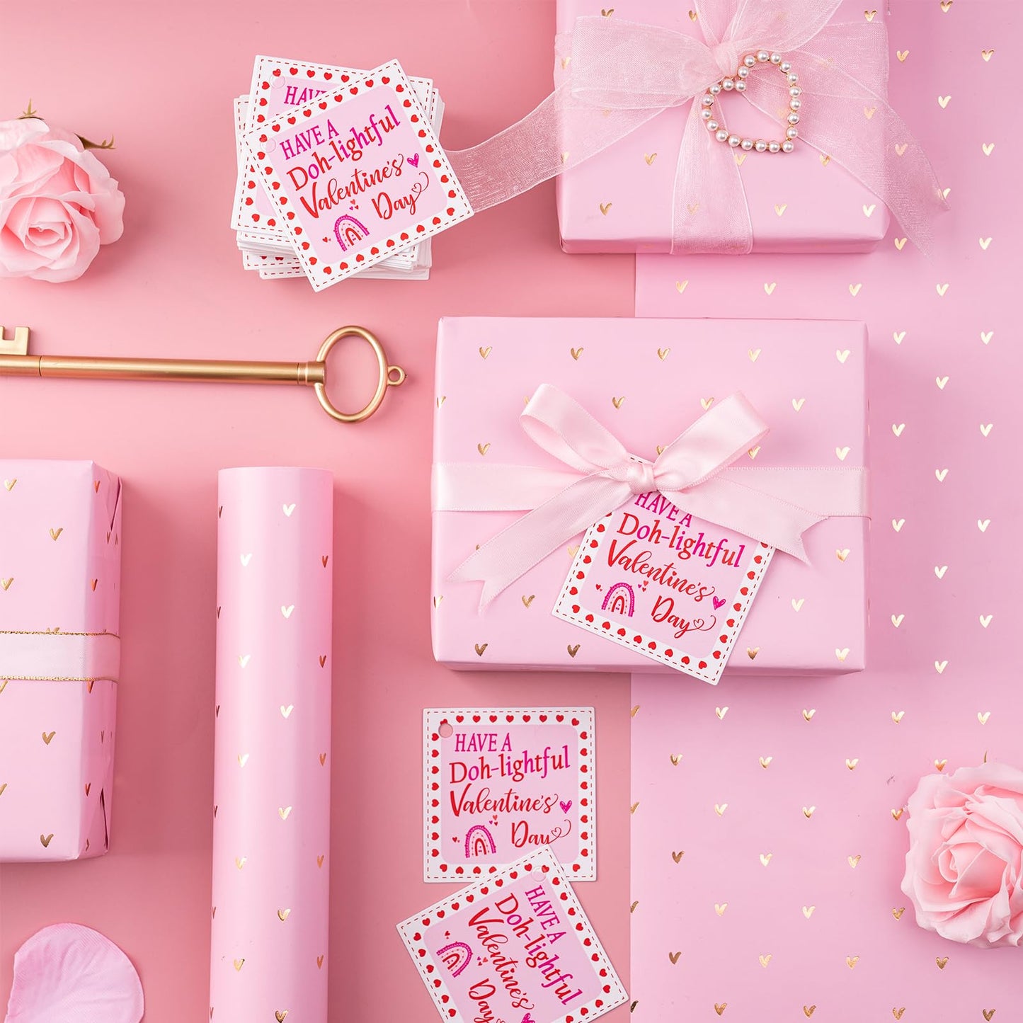 Valentine's Day Wrapping Paper - Mini Roll - 17 Inch X 33 Feet - Sweet Gold Foil Pink Love Heart Design for Valentine's Day, Wedding, Anniversary, Birthday, Baby Shower
