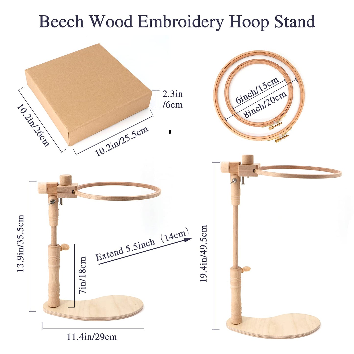 ZOCONE Beech Wood Adjustable Rotated Embroidery Hoop Stand with 2 Pcs 6'' 8'' Embroidery Hoops, Wooden Embroidery Stand, Embroidery Hoop Holder for Cross Stitch and Embroidery Project (A)