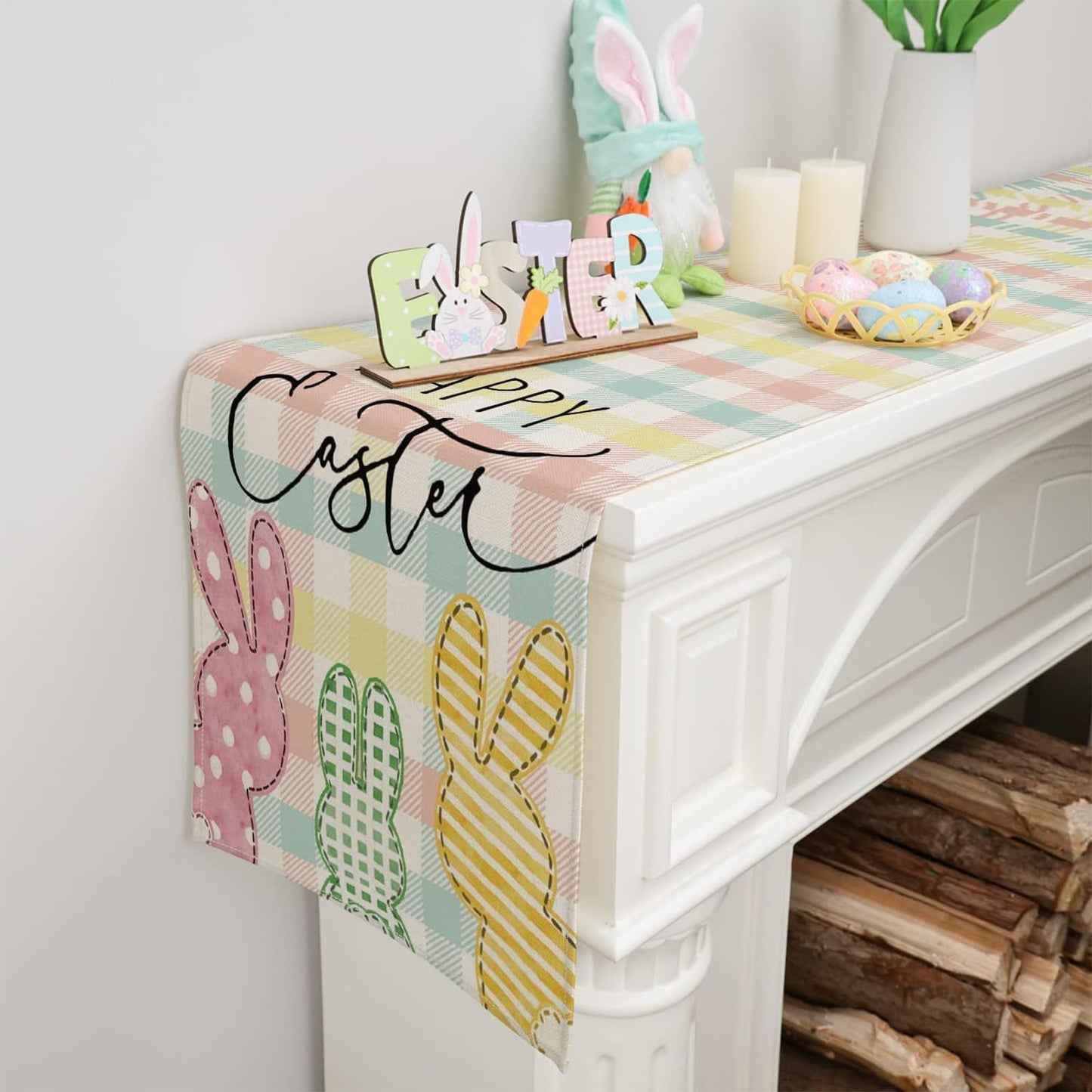 Buffalo Plaid Rabbit Bunny Happy Easter Table Runner, Easter Decorations, 13x72 Inch Check Stripes Kitchen Table Decor, Spring Kitchen Dining Table Decoration for Home Party Decor
