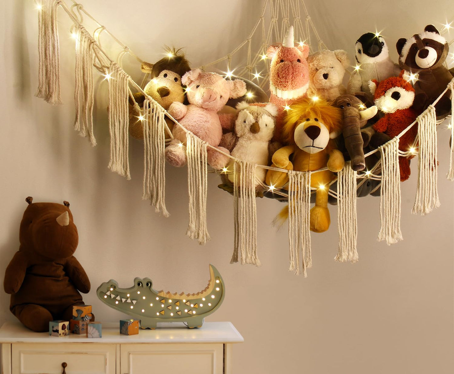 Stuffed Animal Hammock Corner Storage with LED Light - Toy Hammock Large Plushie Net - Stuffed Animal Holder Hanging Organizer - Teddy Bear Hammock Room Decorations Preppy Toddler Kids Room Decor