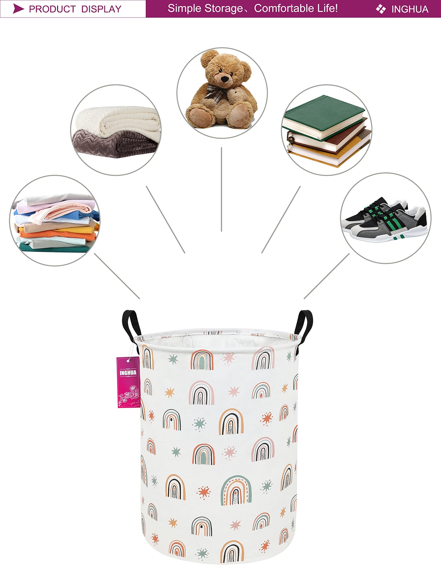 Laundry Hamper Large Canvas Fabric Lightweight Storage Basket/Toy Organizer/Dirty Clothes Collapsible Waterproof for College Dorms, Boys and Girls Bedroom,Bathroom(Star Rainbow)