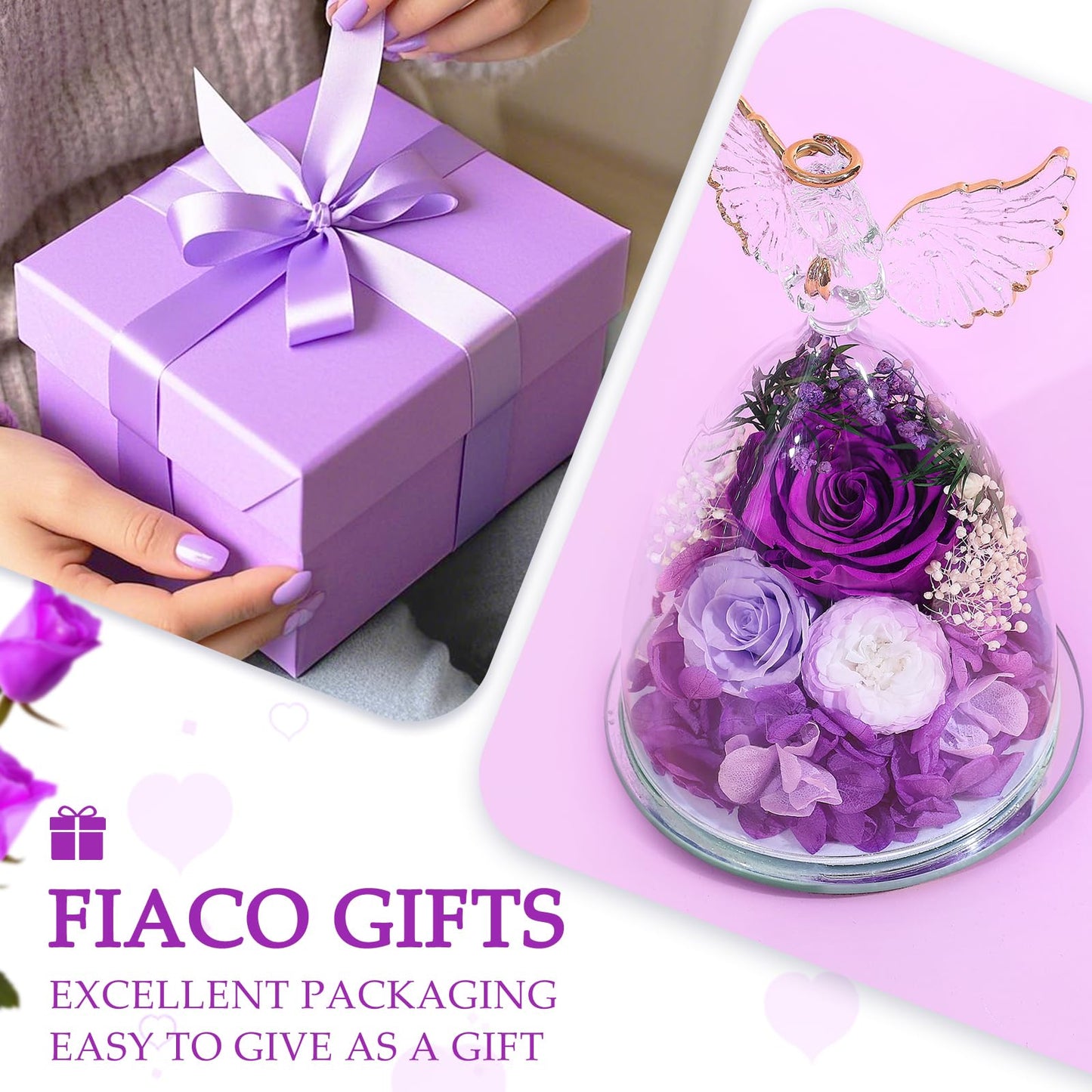 Gifts for Mom Women Birthday Preserved Rose in Glass Angel Figurine Forever Fresh Flower for Delivery, Mothers Day Flowers Gifts for Grandma Wife Daughter Friends
