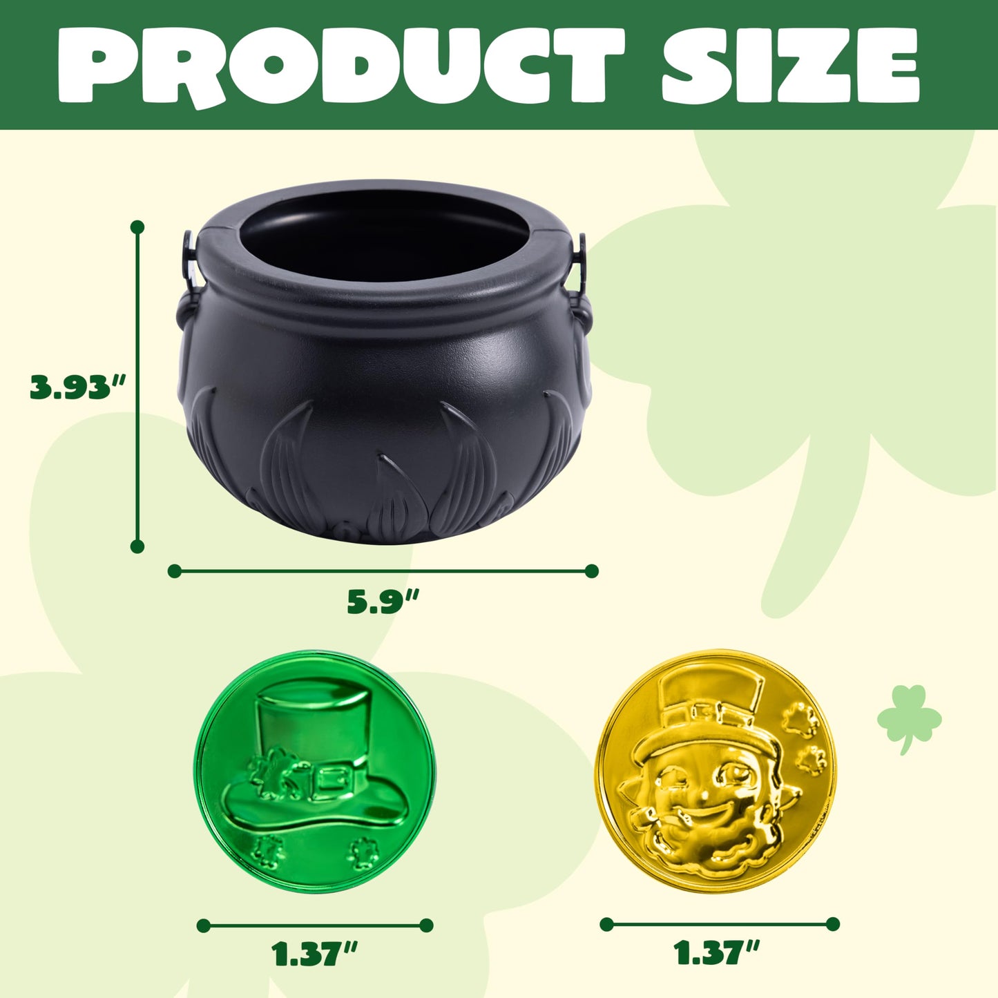 208 St Patrick’s Day Lucky Leprechaun Plastic Coins and 1 Large Black Cauldron with Handle Pot of Gold Party Supplies, St Patrick Decorations Party Favors