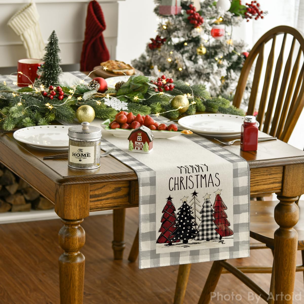 Waterclor Grey Buffalo Plaid Christmas Trees Merry Xmas Table Runner, Seasonal Winter Holiday Kitchen Dining Table Decoration for Indoor Outdoor Home Party Decor 13 x 72 Inch