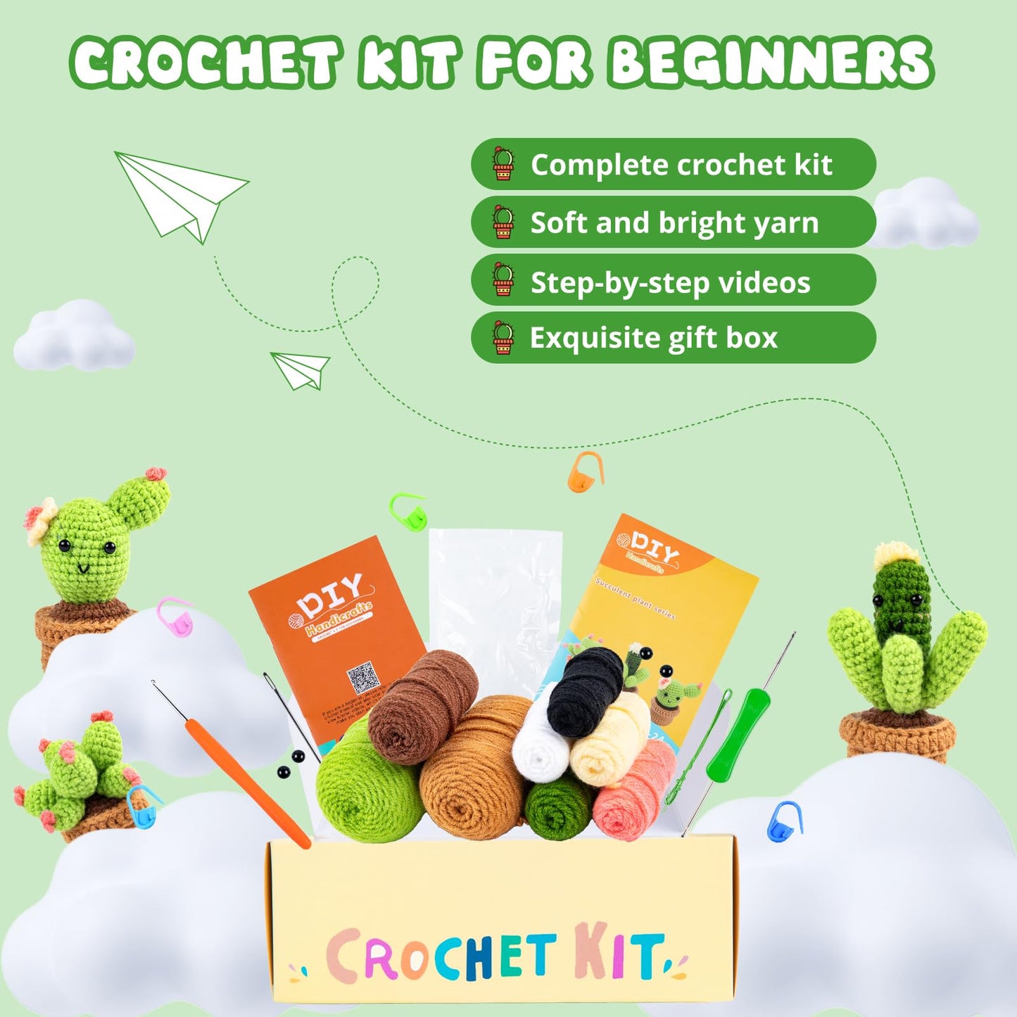 Crochet Kit for Beginners - Complete Crochet Kits with Stitch by Stitch Video Tutorial, Beginner Crochet Kit for Adults Kids Gift - Starter Easy Learn to Crochet Succulent Plants Family