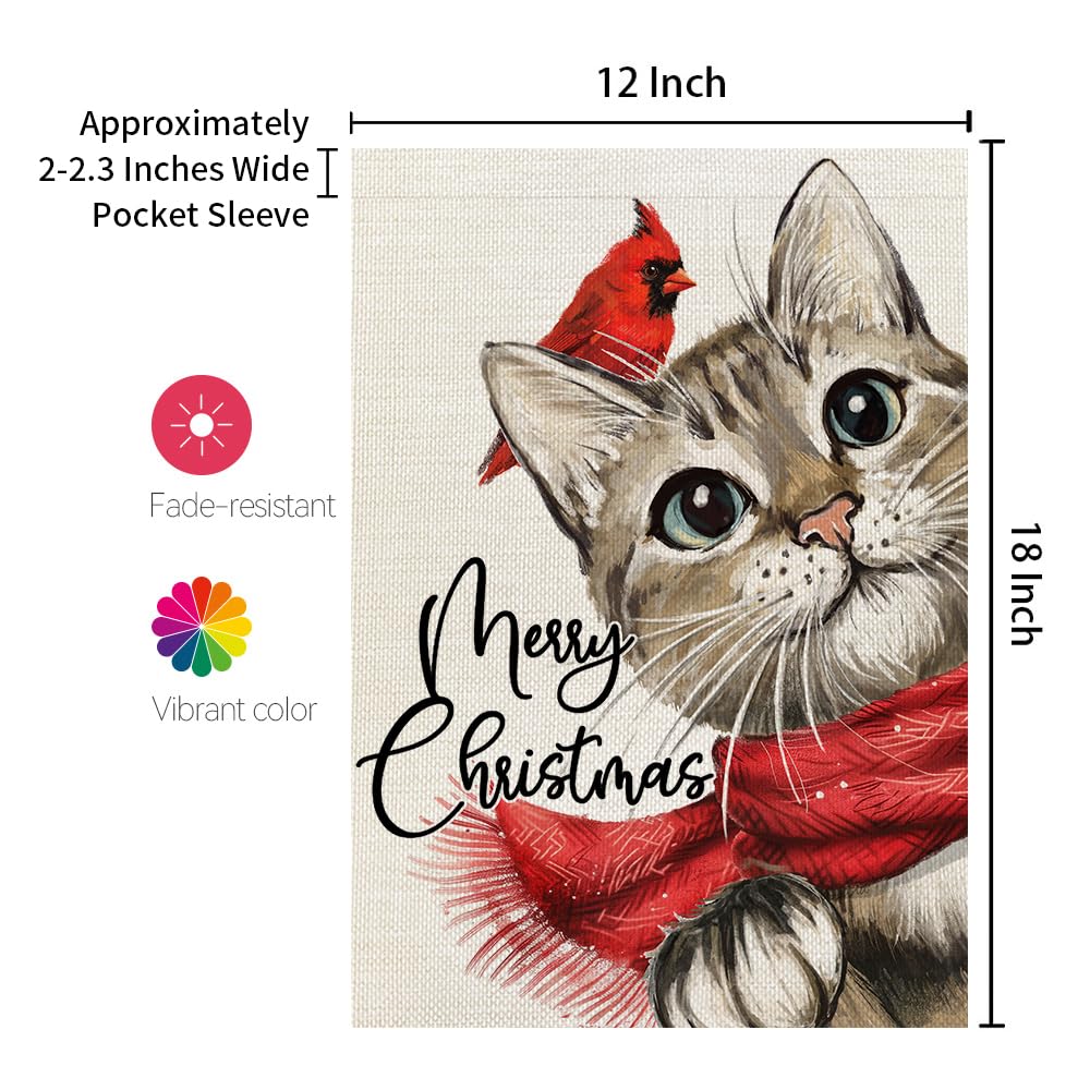 Merry Christmas Cat Garden Flag 12x18 Inch Double Sided Small Burlap Holiday Cardinal Yard Decoration for Outside
