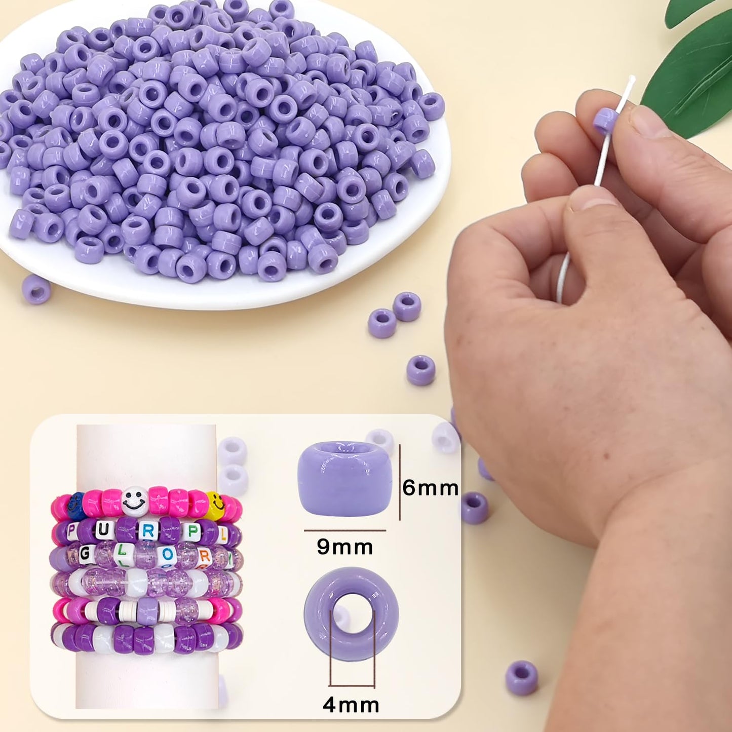 MIIIM 1200PCS 6x9mm Purple Pony Beads Bulk, Kandi Beads for Bracelets Making Kit, Hair Braids Crafts for Jewelry Making (Lavender Purple)