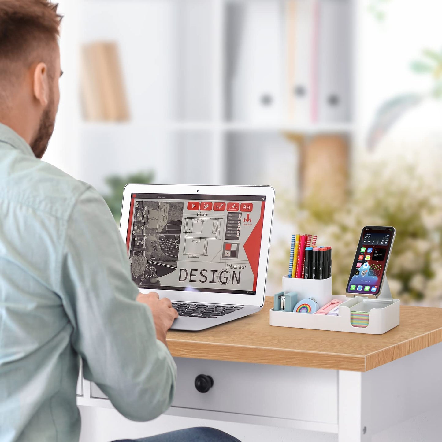 Pen Holder for Desk, Desktop Organizer with Mobile phone holder/Pencil Holders/Sticky Note Tray/Paperclip Storage and Office Stationery Accessories Caddy for Office Home School (White)