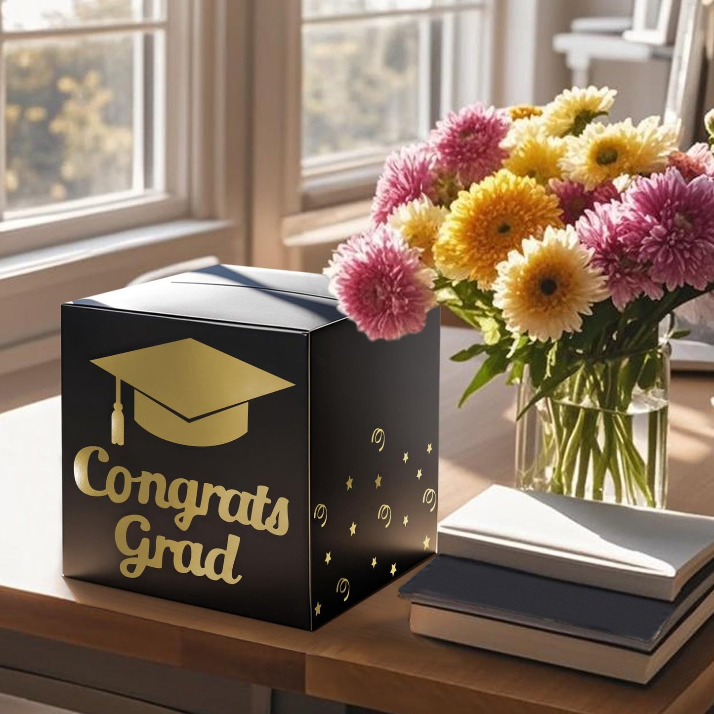 Graduation Card Box Holder, Congrats Grad Foldable Cardboard Decorations Box for Graduation Party Decoration and Grad Parties (Black)
