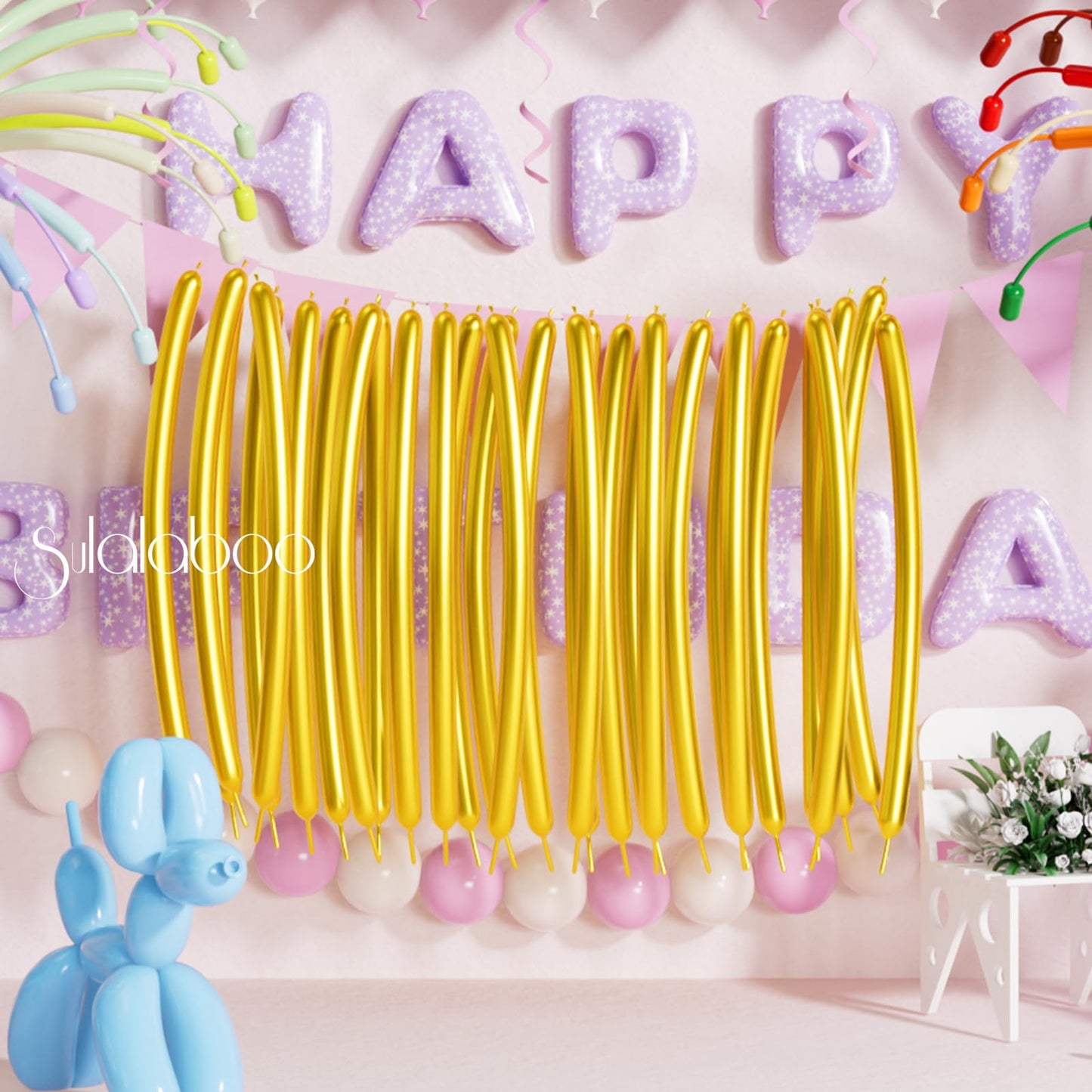 SULALABOO 260 Balloons Gold Metallic 100PCS Latex Long Shiny Balloon to Twisting Flowers Animals for Birthday Party Anniversary Wedding or Other Party Events and Festivals DIY