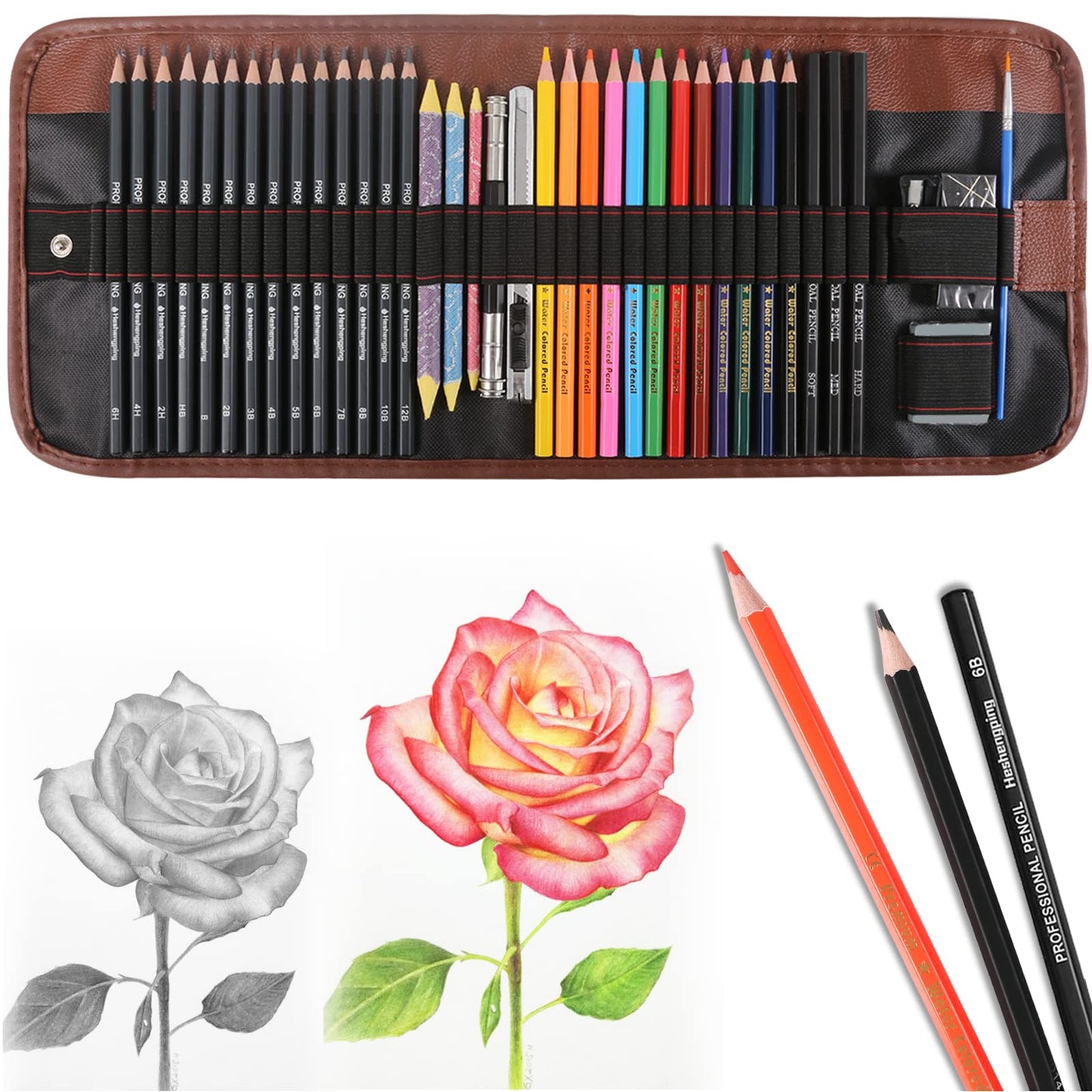Heshengping, Sketching Pencil Set Drawing Pen Charcoal Sketch Kit Cover Graphite Pencils Charcoal Pencils Watercolor Pencils Paper Erasable Pen Beginners Artist Children and Adults(39pcs Art Supplies)