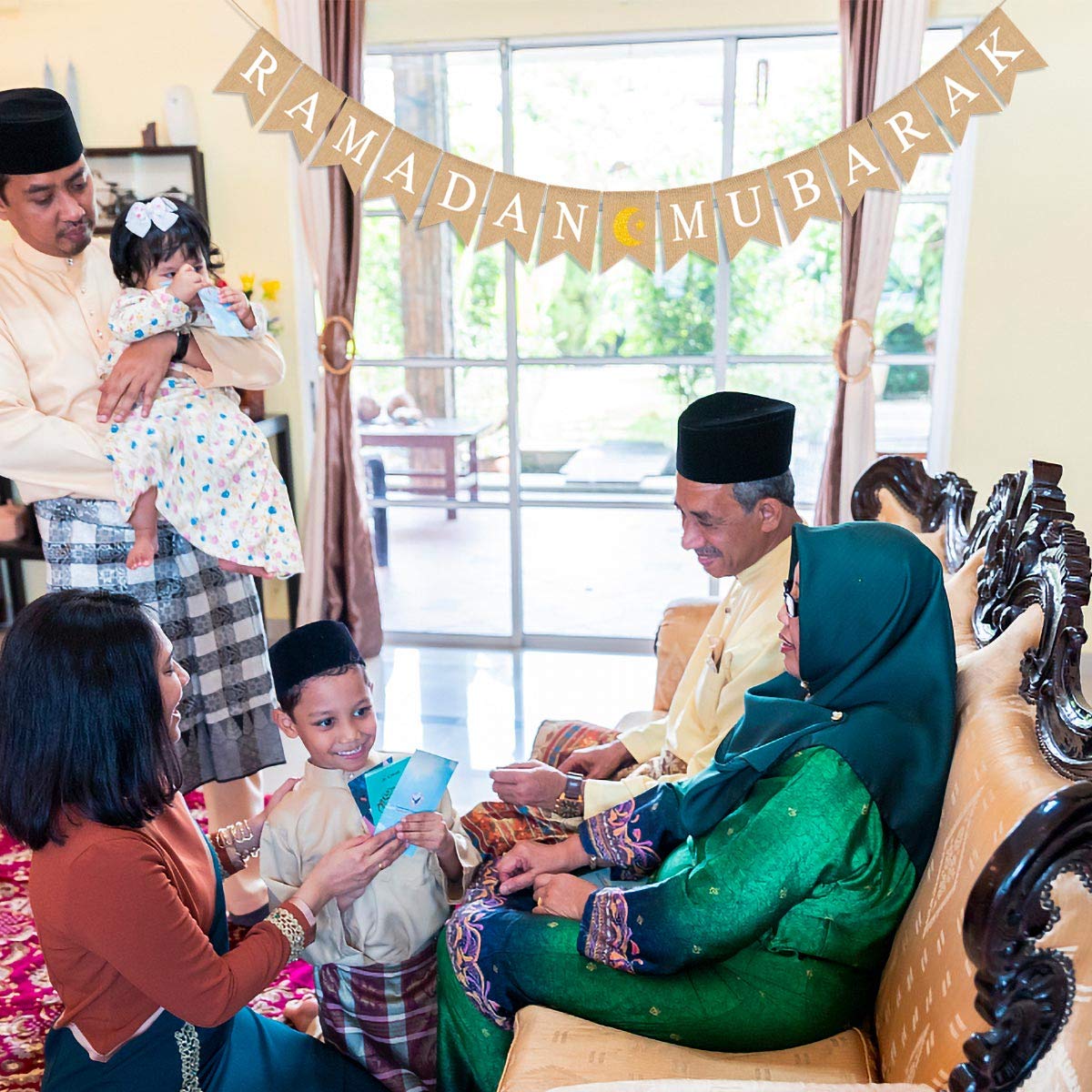 Jute Burlap RAMADAN MUBARAK Banner with Moon and Star Mantel Fireplace Decoration