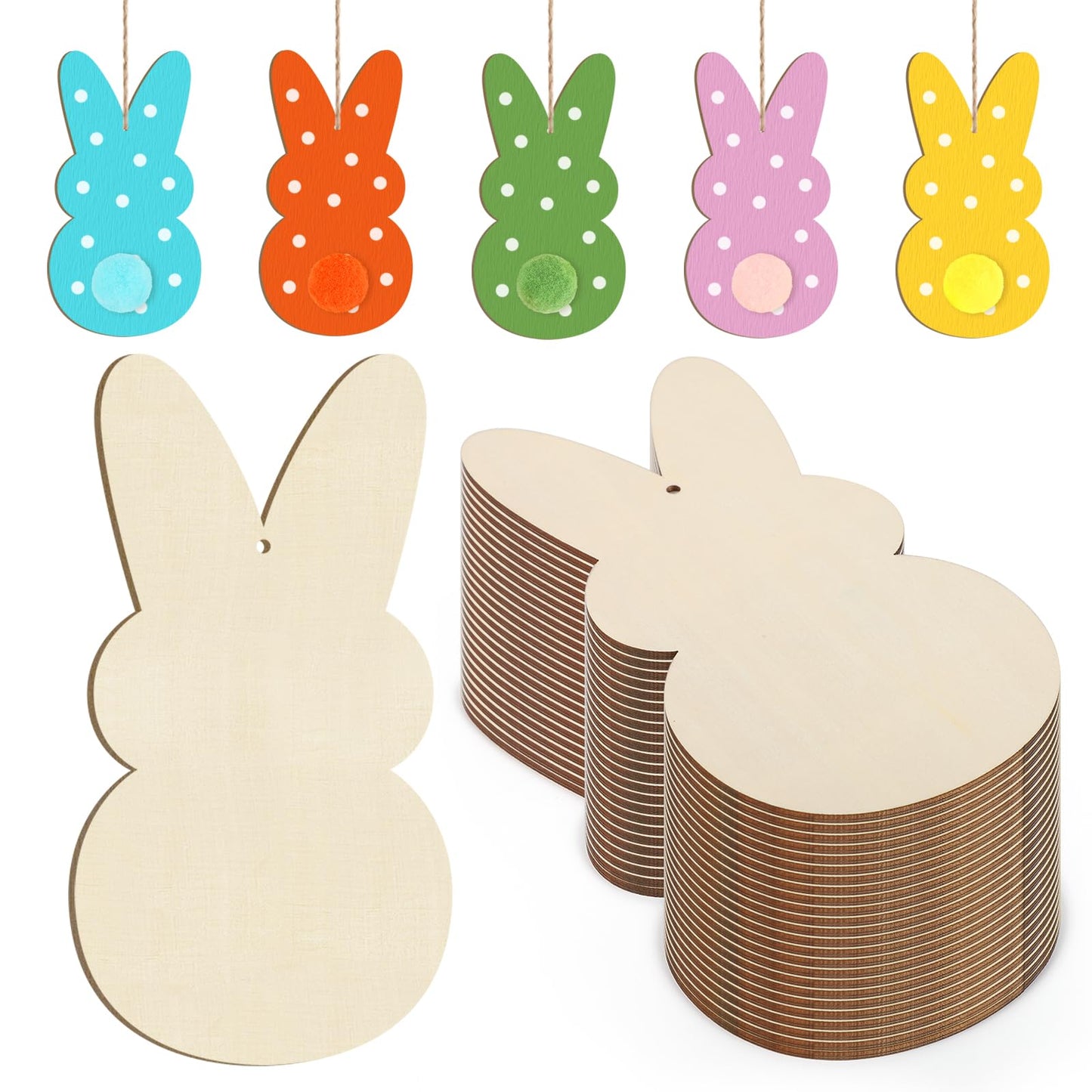 Wooden Easter Ornaments to Paint Spring Decoration Happy Easter Cutouts Unfinished 24PCS 3.5 inches, DIY Blank Rabbit Bunny Unfinished Christmas Tree Wood Discs Ornament for Home Crafts Hanging