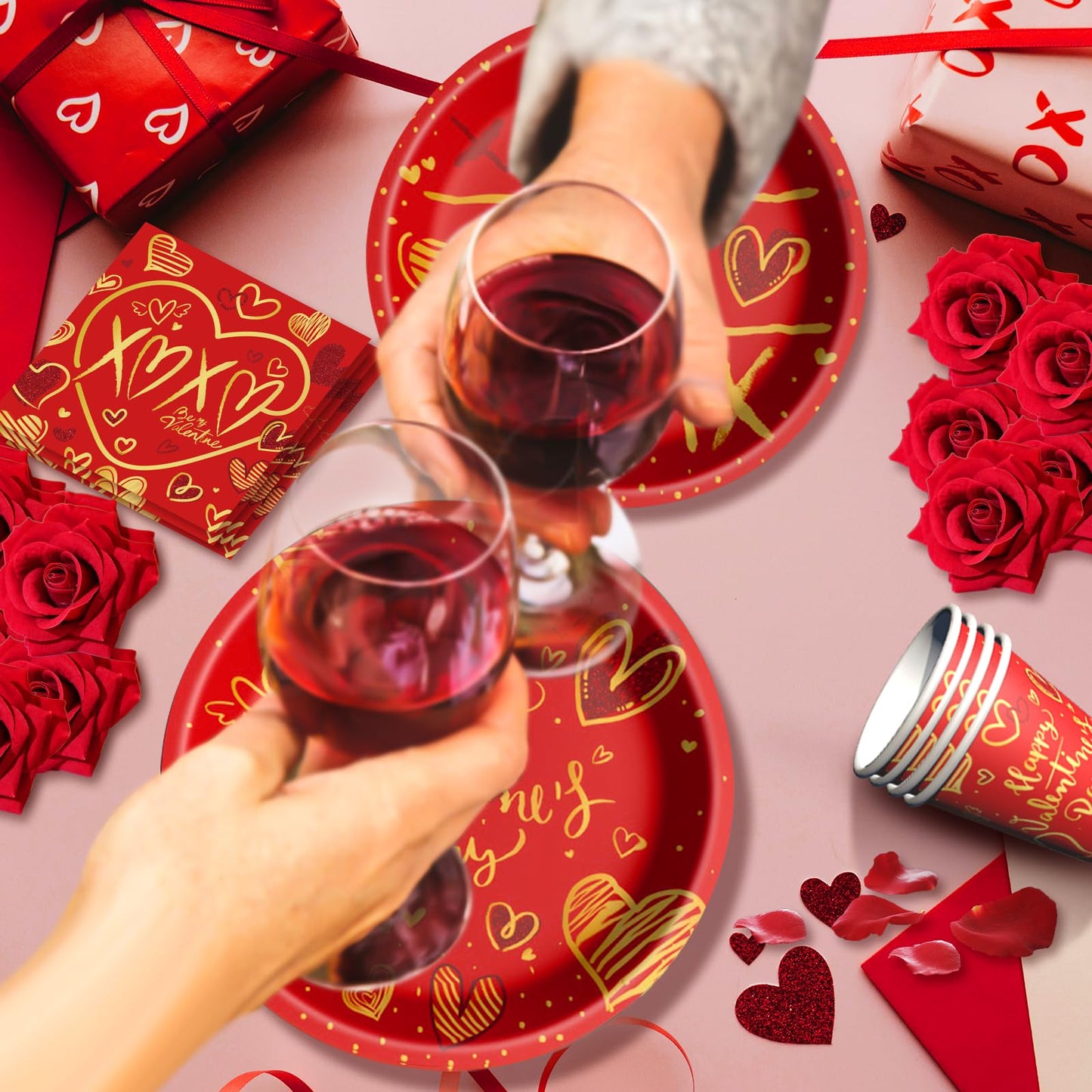 Valentine's Day Party Supplies Tableware Set Red Heart Love Paper Plates Napkins Cups Tablecloth Banner for Valentine's Day Party Decorations, Serves 24