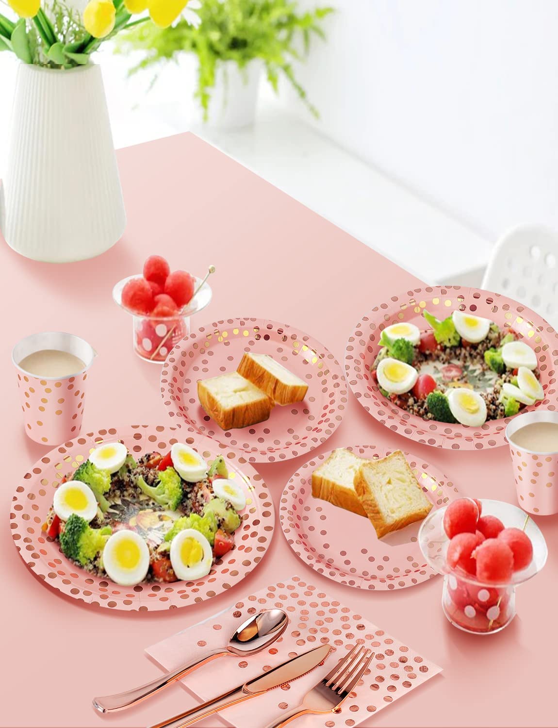 Nkaiso 141 Pieces Pink and Rose Gold Party Supplies, Disposable Party Decorations Sets Include Paper Plates Napkins Cups, Plastic Forks Knives Spoons, for Baby Shower Birthday Wedding -20 Guests
