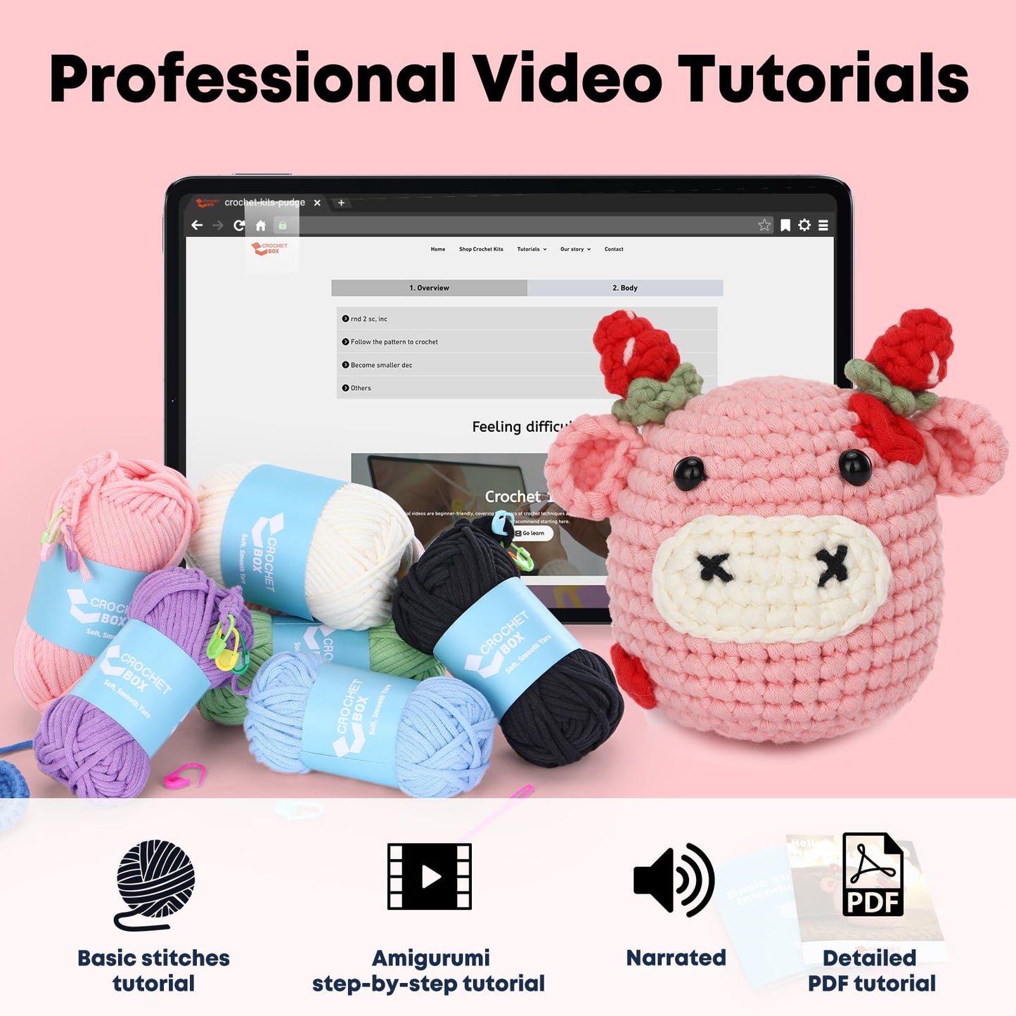 Crochet Kit for Beginners Adults - Cow Starters Crocheting Animal Kits for Kids, DIY Craft Birthday Gift with Crochet Yarns, Hook, Step-by-Step Video, Instruction and Crochet Accessories