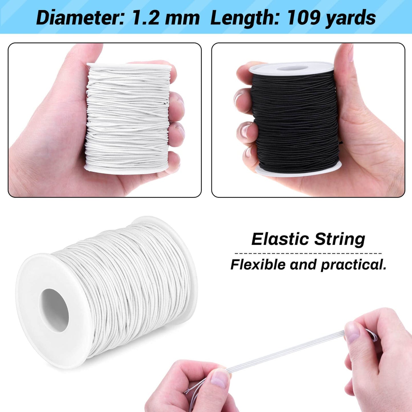 Elastic String Cord, Selizo 2 Pack Stretchy String for Bracelets, Necklace, Beading, Jewelry Making and Sewing (1.2 MM, 109 Yards, Black & White)