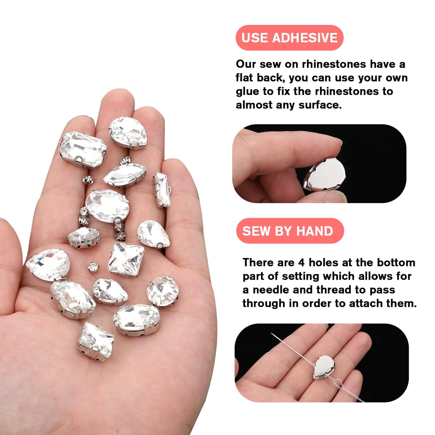 JJUNW 240 PCS Sew on Rhinestones Mixed Shapes Glass Rhinestones Sew on Crystal Gems Mental Flatback wif Silver Claw for Jewelry Crafts Clothes Shoes Costume Garment(White)