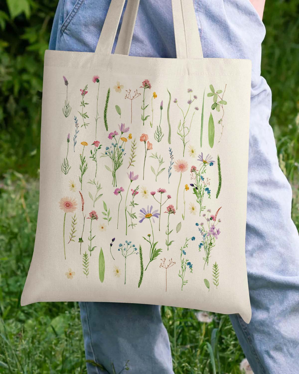 AUSVKAI Canvas Tote Bag Aesthetic for Women, Cute Trendy Wildflowers Reusable Cloth Cotton Bags with Handle for Grocery college Shopping Beach