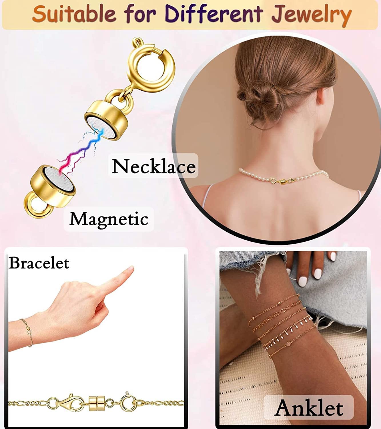 Clysoru Magnetic Necklace Clasps and Closures 14k Gold and Silver Beads Chain Extender Necklaces Bracelet Safety Magnetic Locking Jewelry Clasp Converter（3 Gold+3 Silver)